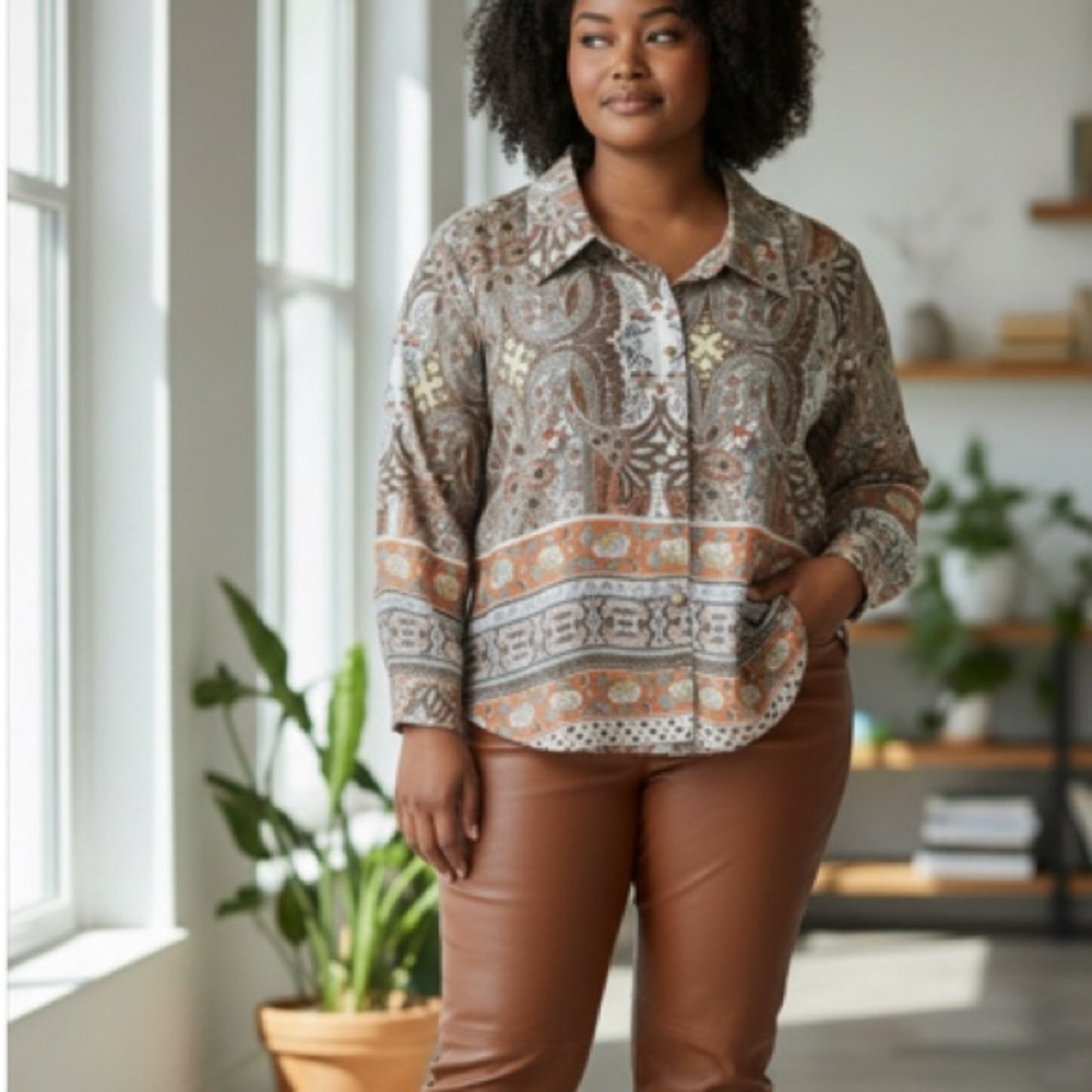 64.) Fate Earthy Tones Patterned Button Down Shirt